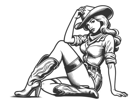 pin-up cowgirl sitting, wearing a hat and boots, showcasing classic Western style sketch engraving generative ai fictional character vector illustration. Scratch board imitation. Black and white image