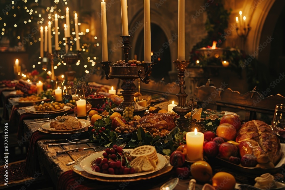 Poster a table is set with a variety of food and candles, creating a warm and inviting atmosphere. the tabl