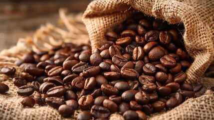 Fototapeta premium Fresh roasted coffee beans spilling from burlap sack onto wooden table, aromatic and organic beans