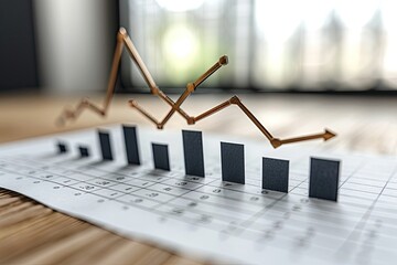 A graph is shown on a piece of paper with a downward trend. The graph is made of paper and has a wooden background