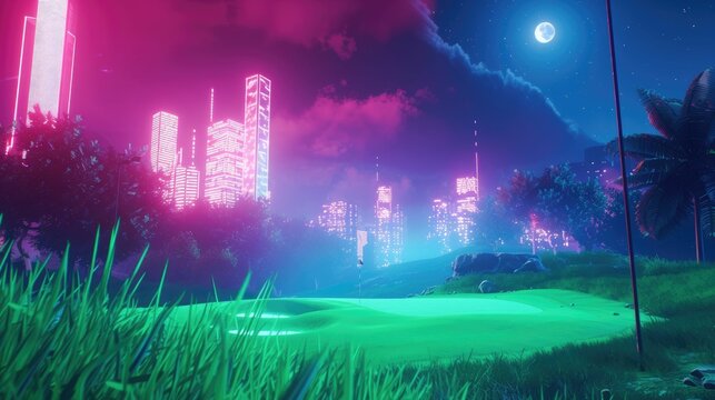Golf course landscape in video game with neon color in grass lawn at visual reality world. Grass lawn with water pond with flag and preparing for playing golf at golf field. Sport activity. AIG42.