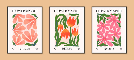 Abstract flower market vector posters with hand drawn florals.Modern botanical illustrations for prints,flyers,banners,invitations,branding design,covers,home decoration.