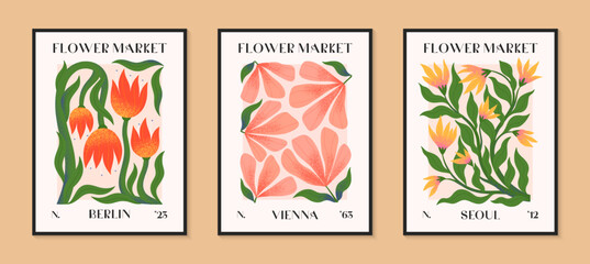 Abstract flower market vector posters with hand drawn florals.Modern botanical illustrations for prints,flyers,banners,invitations,branding design,covers,home decoration.