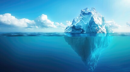A large iceberg is floating in the ocean. The sky is blue and the water is calm. Concept of tranquility and awe at the beauty of nature