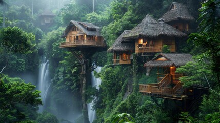 Elevated tree houses in a lush rainforest, waterfall flowing, vivid green canopy, misty and serene environment, intricate details, enchanting scene
