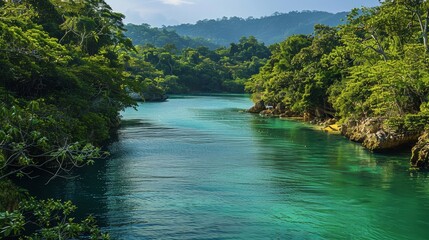 Emerald waters in a secluded paradise, pristine and vibrant, surrounded by lush greenery, serene and untouched, tranquil and inviting