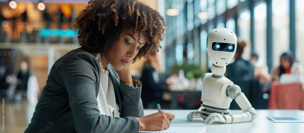 Poster in a modern context, a human and a robot team up, showcasing advanced teamwork and collaboration dyn