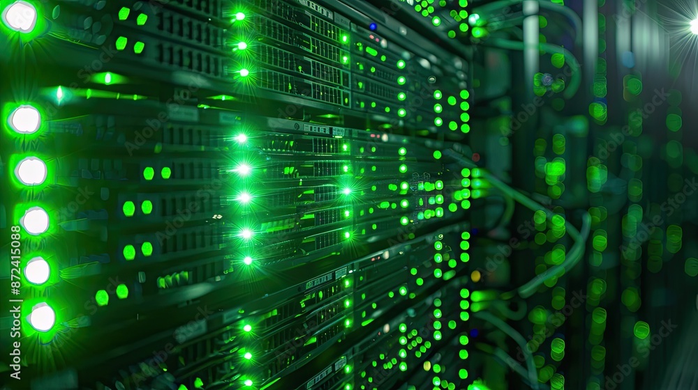 Poster a green computer server with many lights on. the server is very large and has a lot of green lights