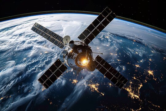 Satellite orbiting the Earth, space, orbit, technology, Earth view, satellite, outer space, cosmic. Generative AI