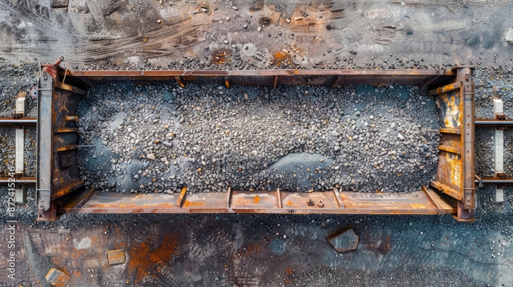Poster a train car is empty and has a lot of rocks in it. the train car is on a track and is surrounded by 