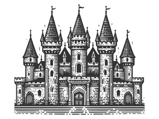 Fototapeta premium grand medieval castle with multiple towers and flags, showcasing historical architecture sketch engraving generative ai vector illustration. Scratch board imitation. Black and white image.