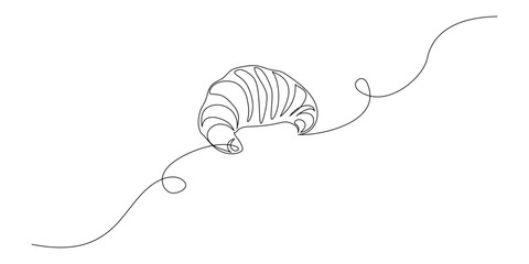 One continuous line drawing of french croissant. Bakery and morning breakfast concept in simple linear style. Pastry chocolate snack in editable stroke. Doodle outline vector illustration