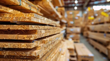 A stack of wood is piled high in a warehouse. The wood is brown and he is of varying sizes. The warehouse is filled with stacks of wood, creating a sense of abundance