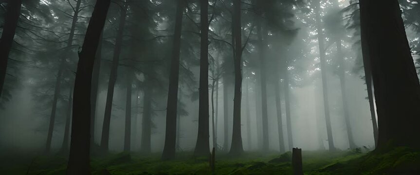 Scary dark forest at night foggy with heavy rain