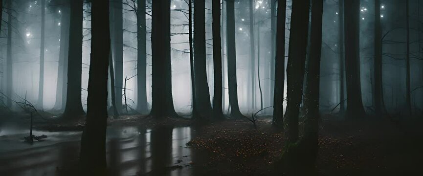 Scary dark forest at night foggy with heavy rain