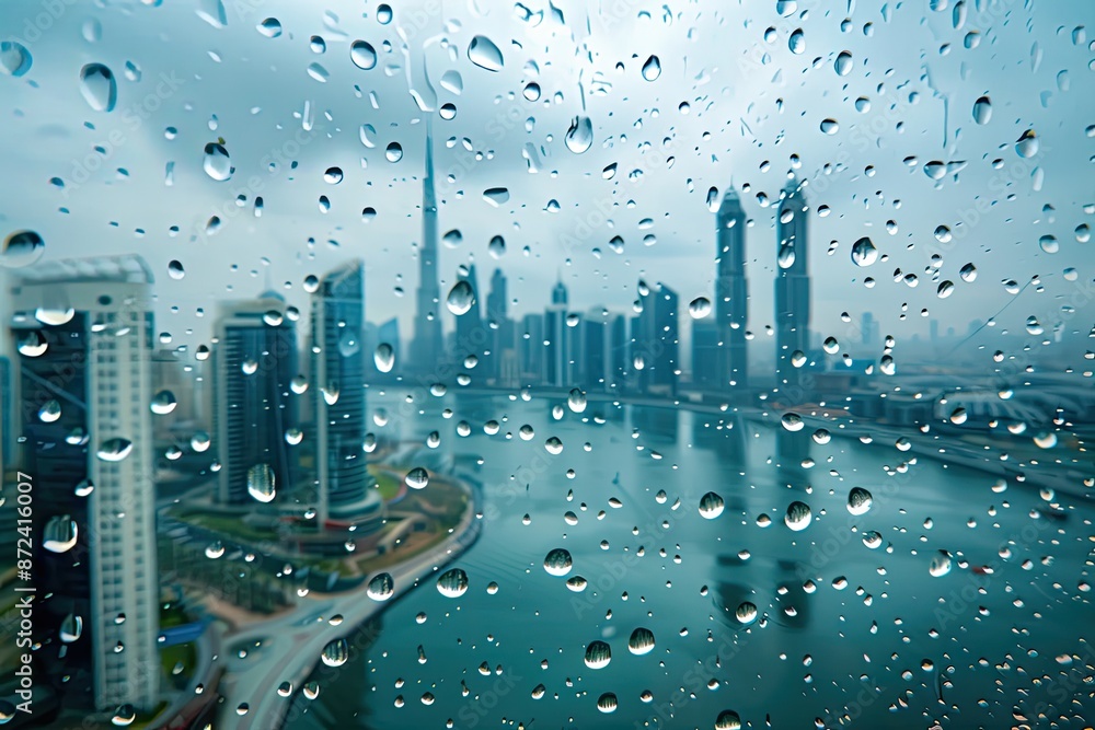 Poster a city skyline with a river running through it and raindrops on the window. the raindrops create a b