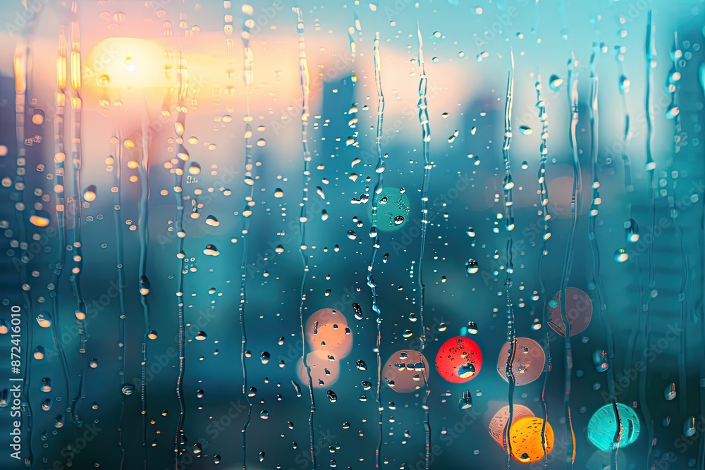 Poster a blurry cityscape with raindrops on the window. the raindrops are scattered all over the window, cr