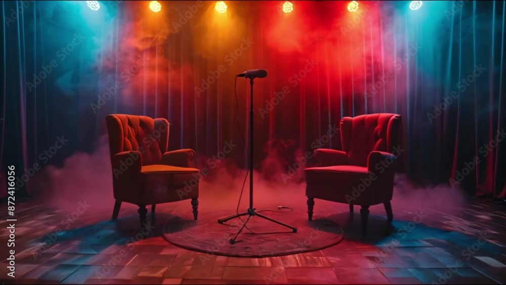 Aufkleber This Empty stage with two chairs and a microphone under red and blue lights.