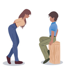 Young woman leans towards a young man sitting on a stump. Isolated on transparent background.