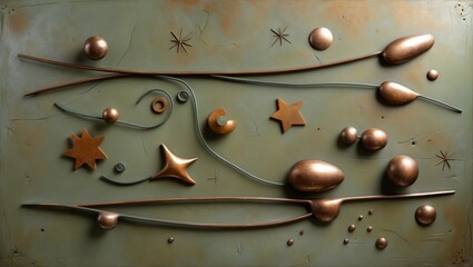 Sculptural art featuring copper and green shapes