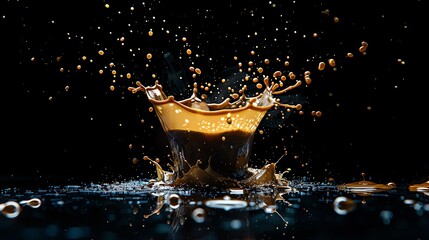 Product shot of a splashing espresso, isolated black background