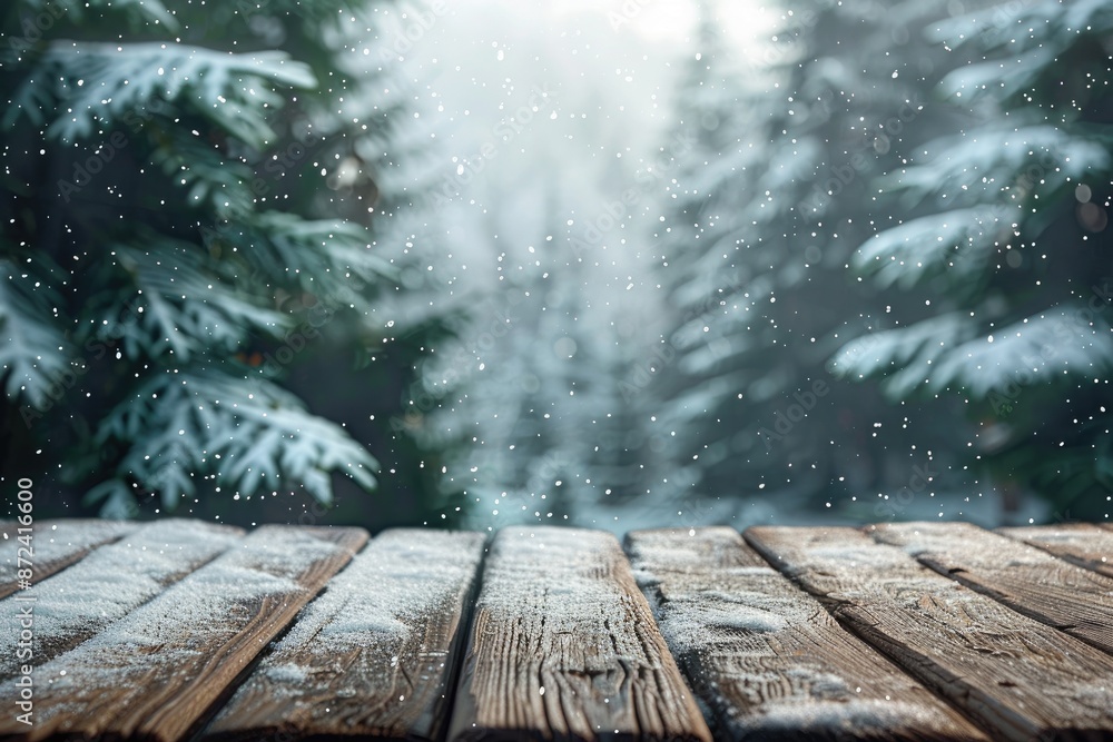 Poster a snowy forest with a wooden platform in the foreground. the platform is covered in snow and surroun