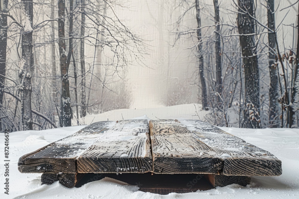 Poster a wooden table is covered in snow. the table is empty and the snow is piled up around it. the scene 