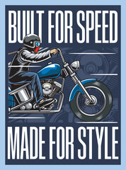 Vector Illustration of Man Riding Chopper Motorcycle with Vintage Illustration Available for Poster