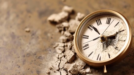 A close-up of a broken vintage pocket watch lying on a textured surface with scattered debris. Concept of time decay and fragility.