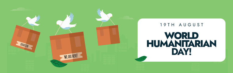 World Humanitarian Day. 19th August World Humanitarian day celebration cover banner, post, background with doves carrying aid boxes. The day recalls the 2003 bomb attack on the UN headquarters in Iraq