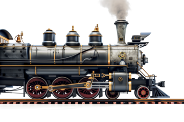 Steam locomotive with billowing smoke isolated on transparent background