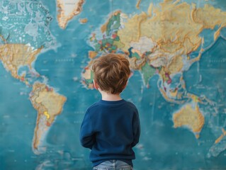 Child looking at a world map with dreamlike wonder, vision, global exploration