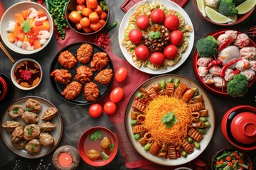 A table full of food with a variety of dishes including dumplings, broccoli, and shrimp