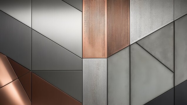 Geometric metal panels with perforated sections in various shades of gray and copper