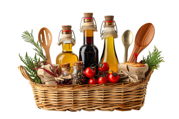 Holiday gift basket with bottles of oil, vinegar and kitchen utensils isolated on white background