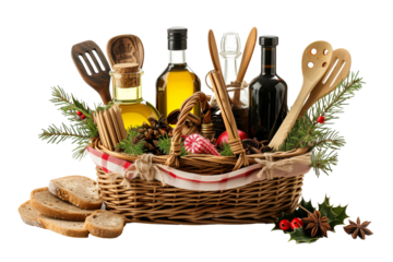 Holiday gift basket with bottles of oil, vinegar and kitchen utensils isolated on white background