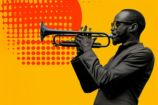 Trumpet Player in Stylish Suit with Yellow Background - Powered by Adobe