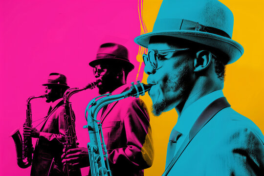 Jazz Saxophonists in Hats Performing Against Bold Colors