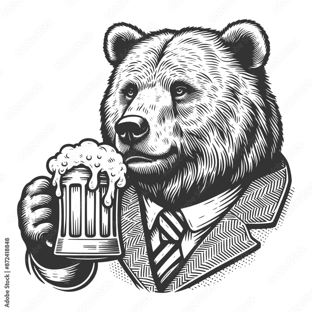 Poster bear drinking beer from a mug, blending sophistication with humor sketch engraving generative ai vec
