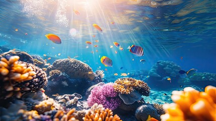 A colorful coral reef with many fish swimming around. The fish are orange, yellow, and blue