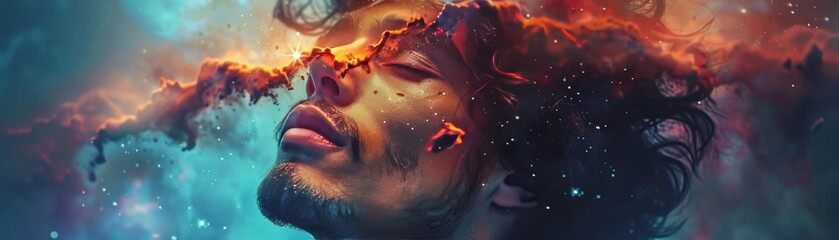 Abstract portrait of a person with vibrant colors and cosmic patterns.