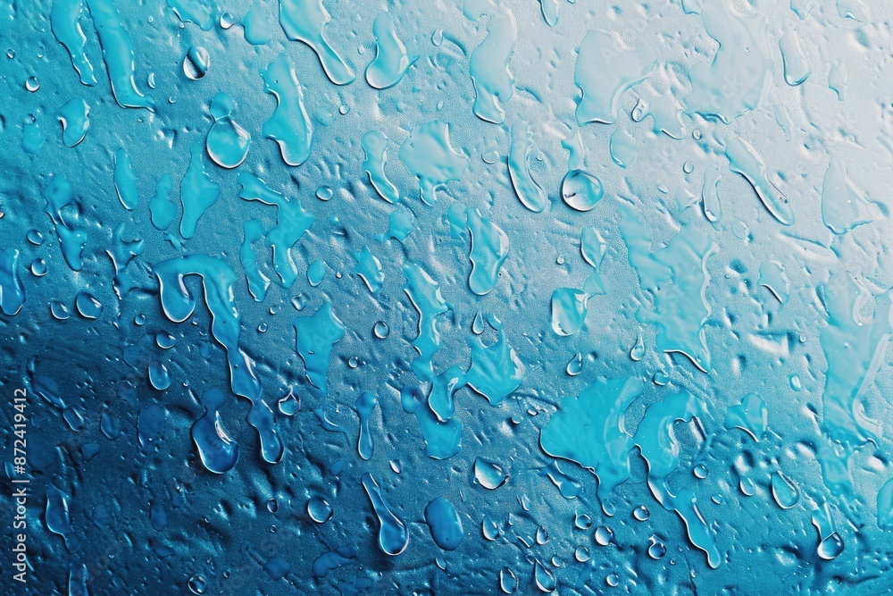 Poster the image is of a wet surface with blue drops of water on it. the water droplets are scattered all o
