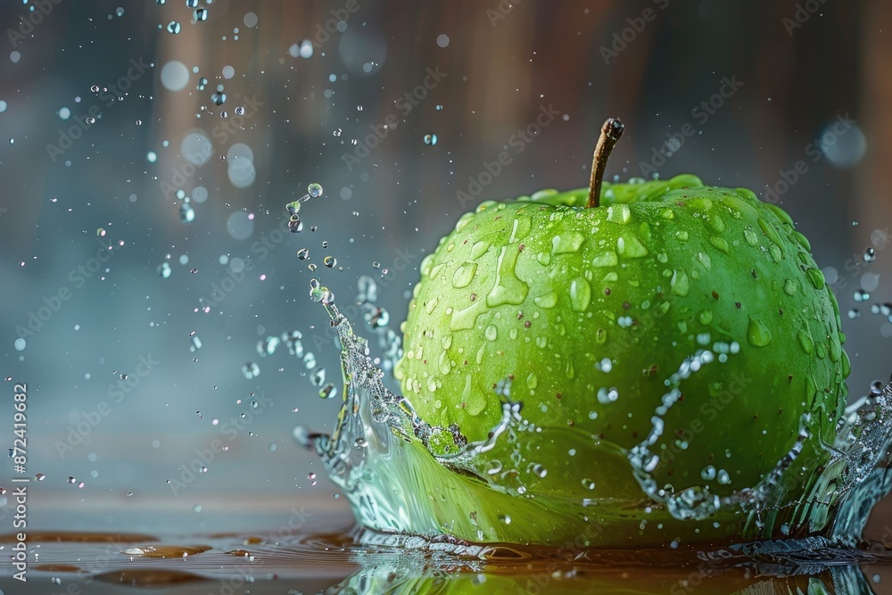 Poster a green apple is falling into a pool of water. the water is splashing around the apple, creating a b