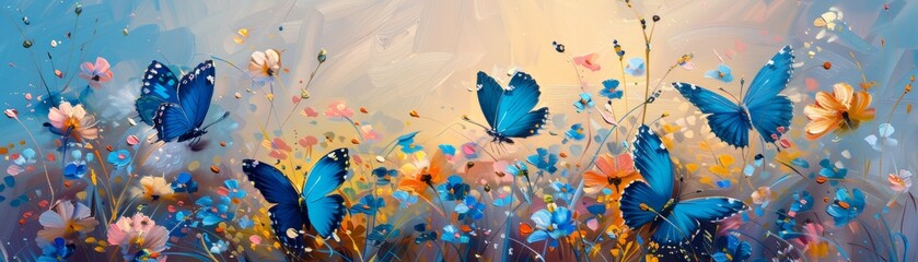 Blue butterflies flying in a field of flowers.