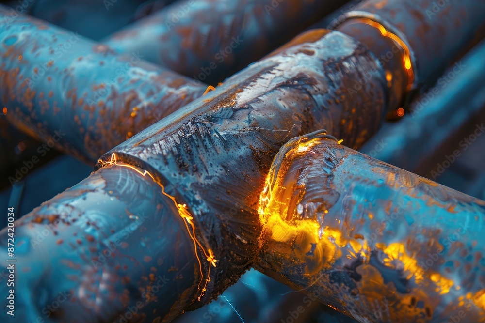 Poster a close up of a rusty pipe with a yellow flame on it. concept of danger and decay, as the rusted pip