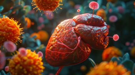 A human heart surrounded by viruses, a visual representation of the impact of illness on the body.