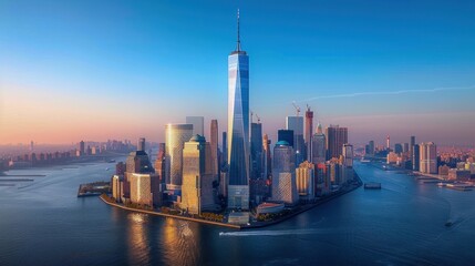 Obraz premium Stunning Aerial View of Lower Manhattan's Iconic Skyline at Sunset