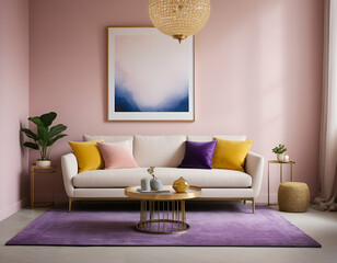 A white couch with purple and yellow pillows