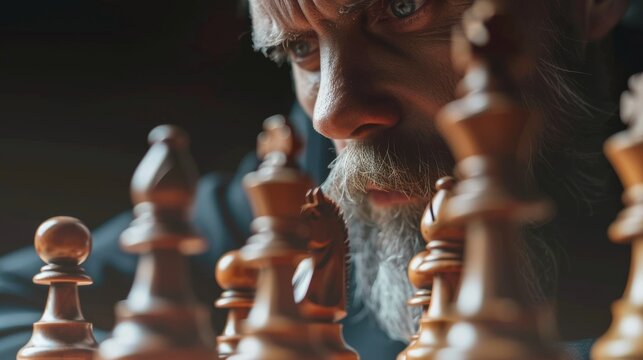 Close-up of focused attentive bearded business executive looking towards chessboard pieces, symbolizing strategic thinking and planning steps forward