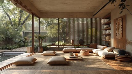 Fototapeta premium Modern Japanese Style Living Room With Floor Cushions And Natural Light